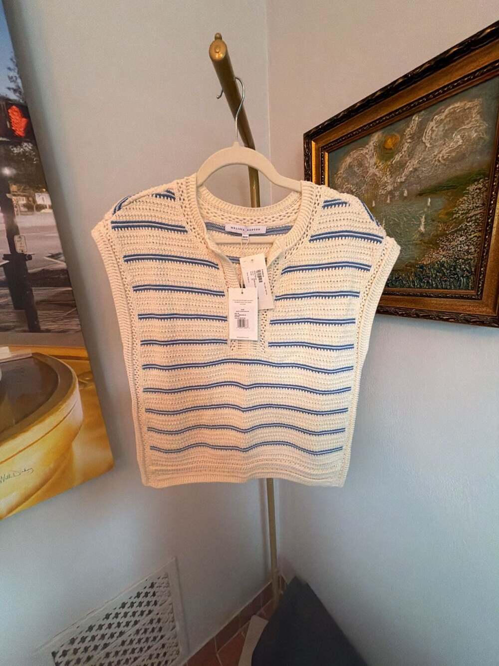 Melissa Nepton Jane Sweater Vest Cream Blue Stripes XS